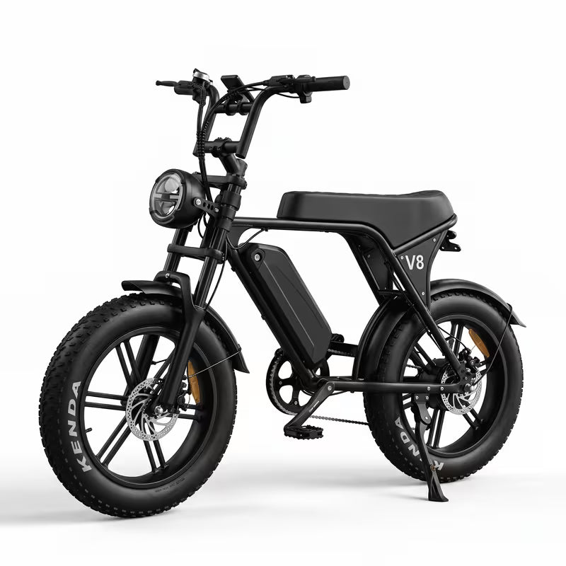 Adult V8 electric bicycle, 25 km range, hydraulic disc brakes, 20 inch tires, mountain bike, electric bicycle, front rack, removable battery, fully terrain-adaptive—suitable for off-road, urban, and mountain riding.
