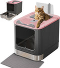 Stainless Steel Enclosed Litter Box with Lid, Covered Metal Litter Boxes, Foldable Hooded Cat Litter Box with Drawer, Odorless, Easy to Clean, Including Cat Litter Scoop and Litter Mat, Pink