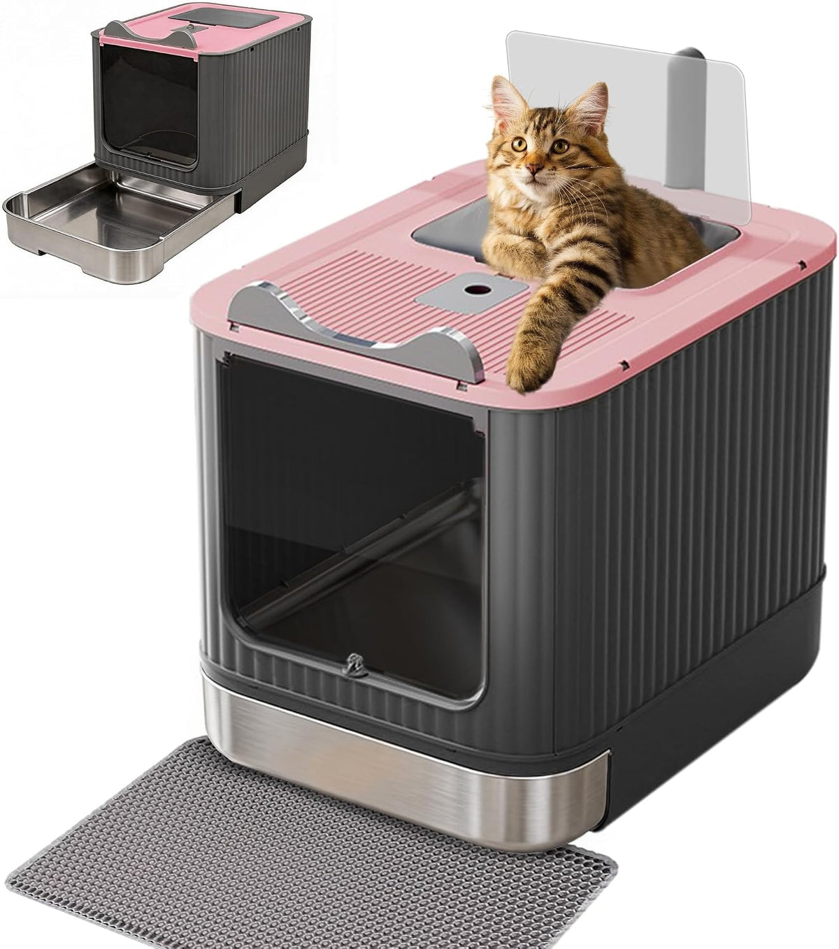 Stainless Steel Enclosed Litter Box with Lid, Covered Metal Litter Boxes, Foldable Hooded Cat Litter Box with Drawer, Odorless, Easy to Clean, Including Cat Litter Scoop and Litter Mat, Pink