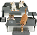 2 Pack Stainless Steel Cat Litter Box with High Sides, Extra Large Open Top Metal Litter Box for Big Cats, Odorless Non-Stick with Scoop and Litter Mat
