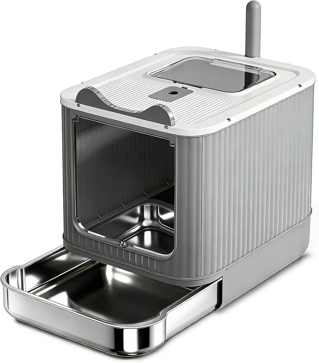 Cat Litter Box - Extra Large Kitty Little Tray with Lid, Upgraded Stainless Steel Fully Enclosure Cats Litter Boxes Pan with Complementory Scoop & Drawer Design - Ideal for Larger or Multiple Cat