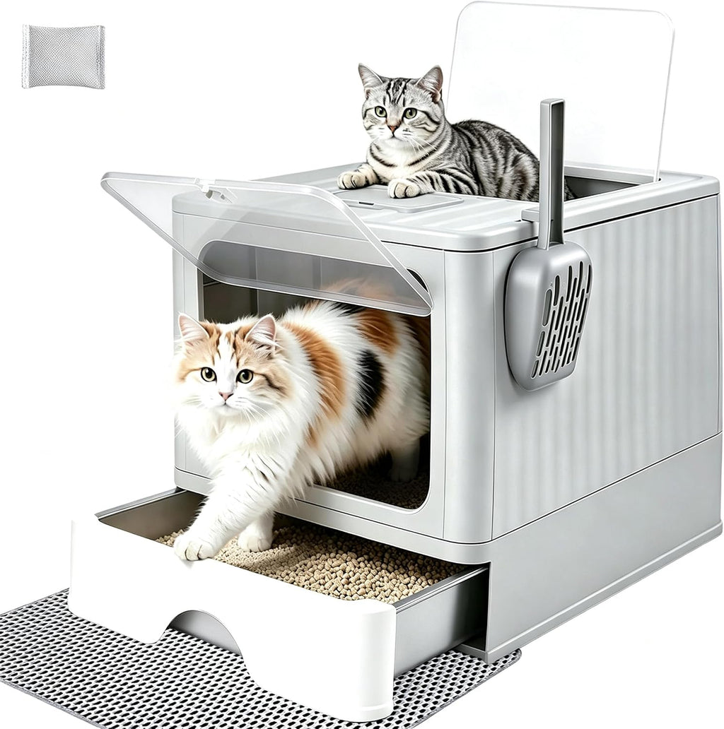 Stainless Steel Enclosed Litter Box, Covered Metal Litter Box with Dual Entry, Anti-Leakage Hooded Litter Pan, Odorless, Easy Clean Flip-Top with Litter Scoop & Litter Mat