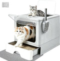 Stainless Steel Enclosed Litter Box, Covered Metal Litter Box with Dual Entry, Anti-Leakage Hooded Litter Pan, Odorless, Easy Clean Flip-Top with Litter Scoop & Litter Mat