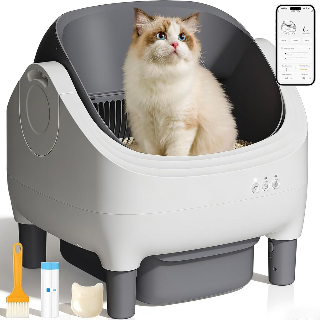 Open Top Design Automatic Cat Litter Box,Self Cleaning Litter Box for Multiple Cats & Senior Cats,App Control with Safty Sensors,Low Odor, Incledes Trash Bags,Grey