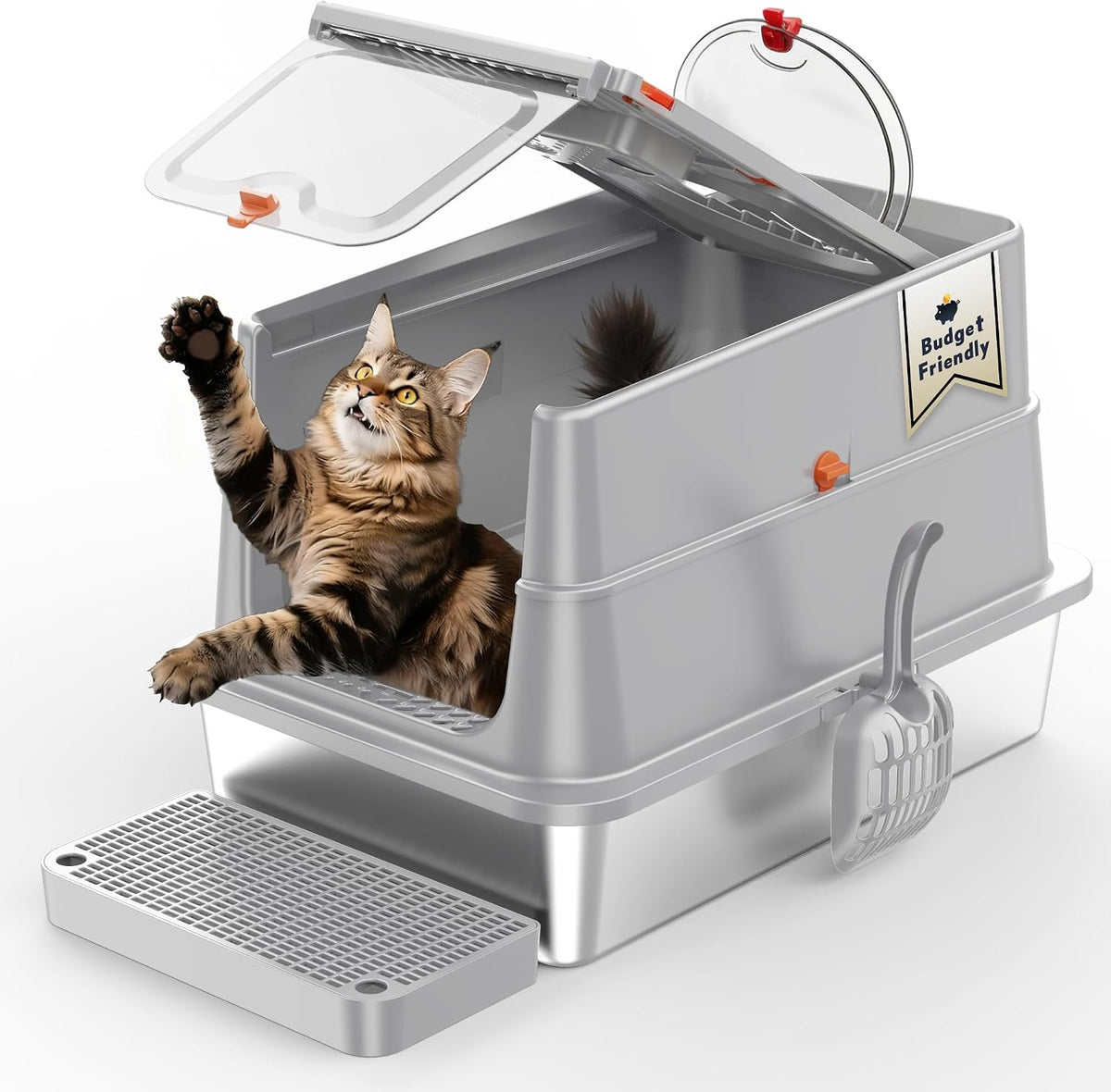 Stainless Steel Cat Litter Box with Lid, XL Flip-Top Anti-Leak, Light Grey