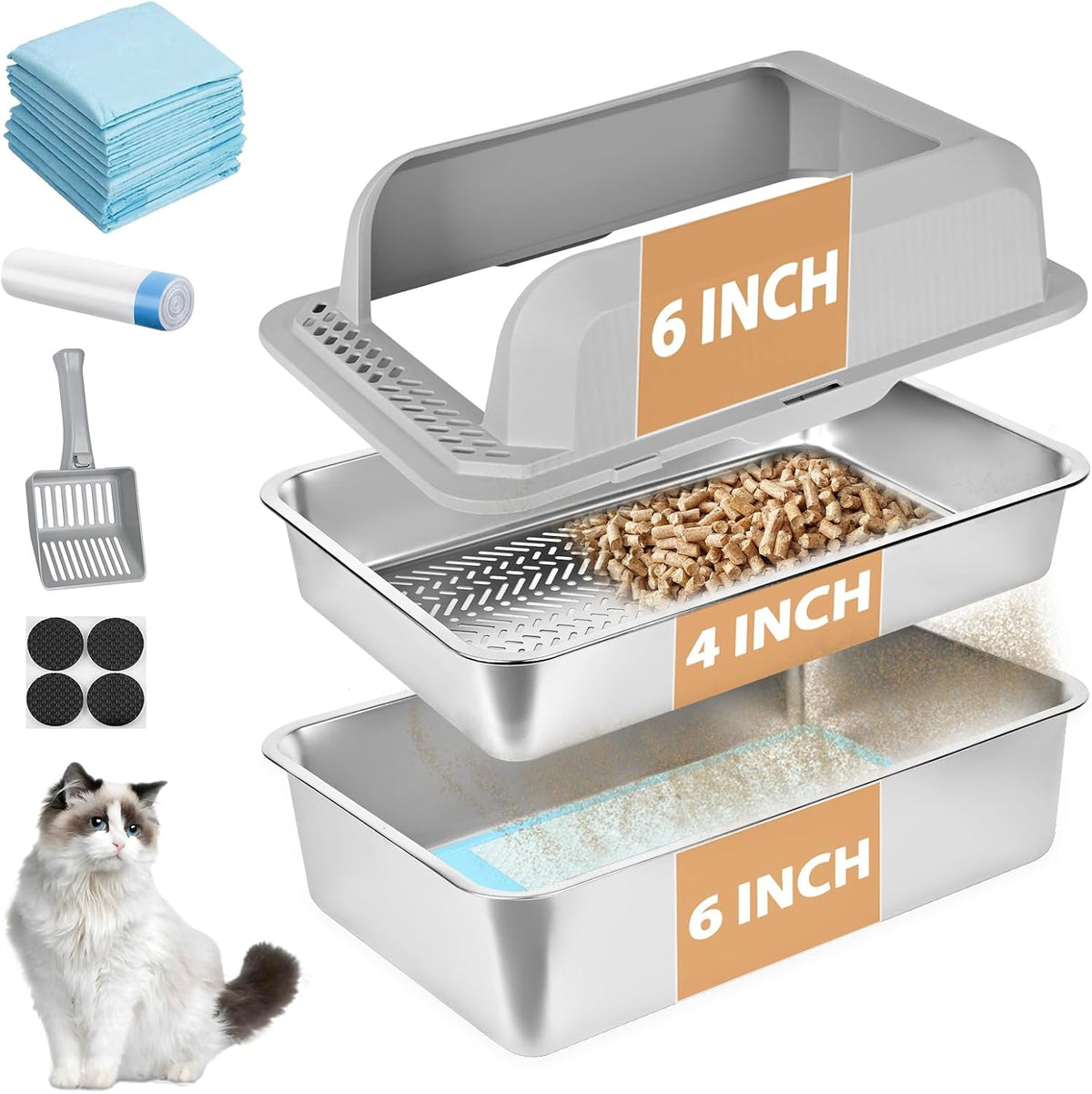 Homegroove Stainless Steel Sifting Litter Box for Pine Pellets, 23.6''Lx15.7''Wx12''H Cat Litter Box with Lid for Indoor Cats Metal Pellet Sifter Litter Pan with Plastic Scoop &10 Urine Pads (6 Inch)