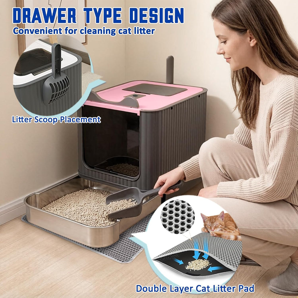 Stainless Steel Enclosed Litter Box with Lid, Covered Metal Litter Boxes, Foldable Hooded Cat Litter Box with Drawer, Odorless, Easy to Clean, Including Cat Litter Scoop and Litter Mat, Pink