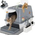 Extra Large Stainless Steel Cat Litter Box Cat Litter Tray with Quick Clean Flip-Top Kitty Litter Box with Lid 60L x 40W x 39H CM Enclosed Cat Litter Boxes with Litter Scoop Footboard and Mat (Grey)