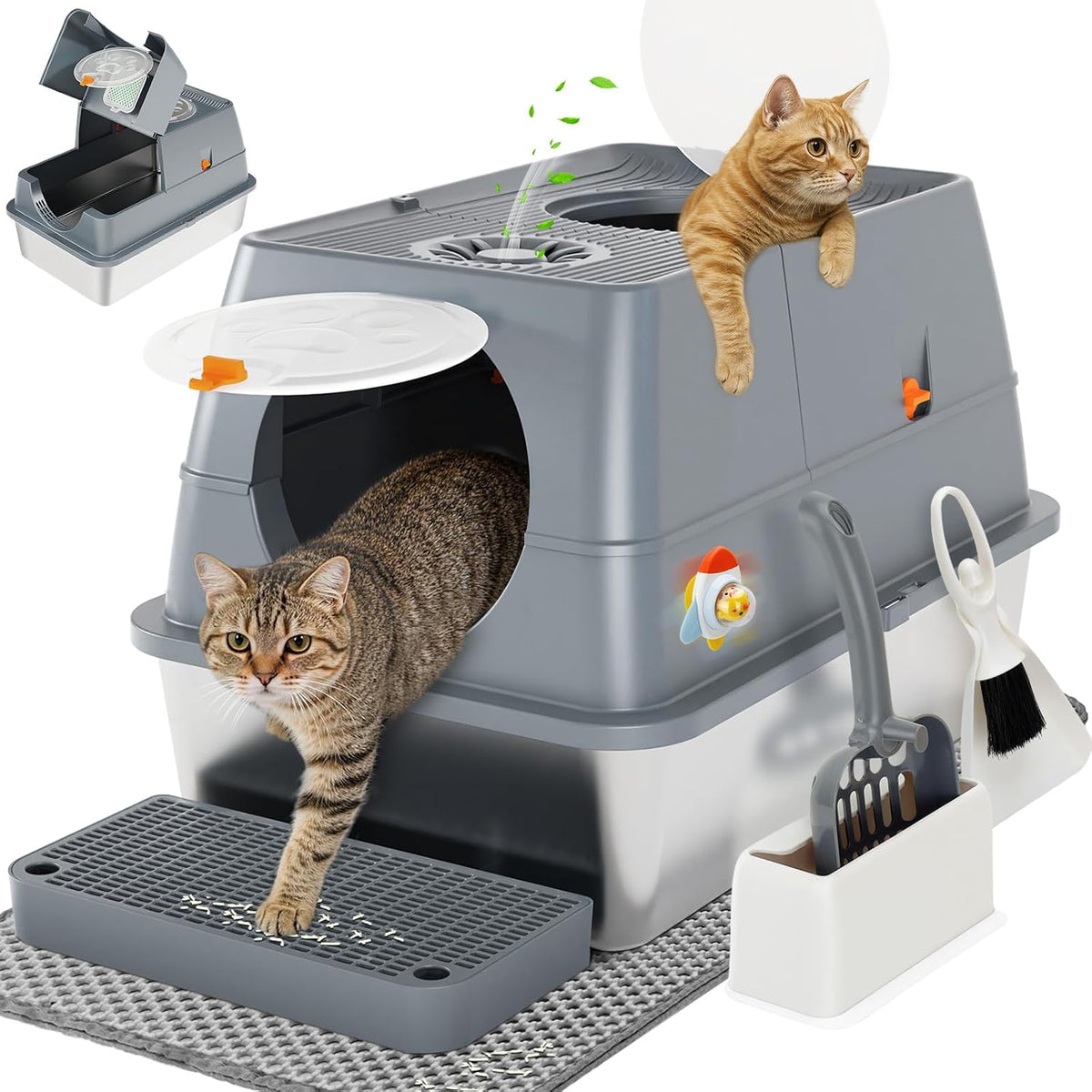 Extra Large Stainless Steel Cat Litter Box Cat Litter Tray with Quick Clean Flip-Top Kitty Litter Box with Lid 60L x 40W x 39H CM Enclosed Cat Litter Boxes with Litter Scoop Footboard and Mat (Grey)