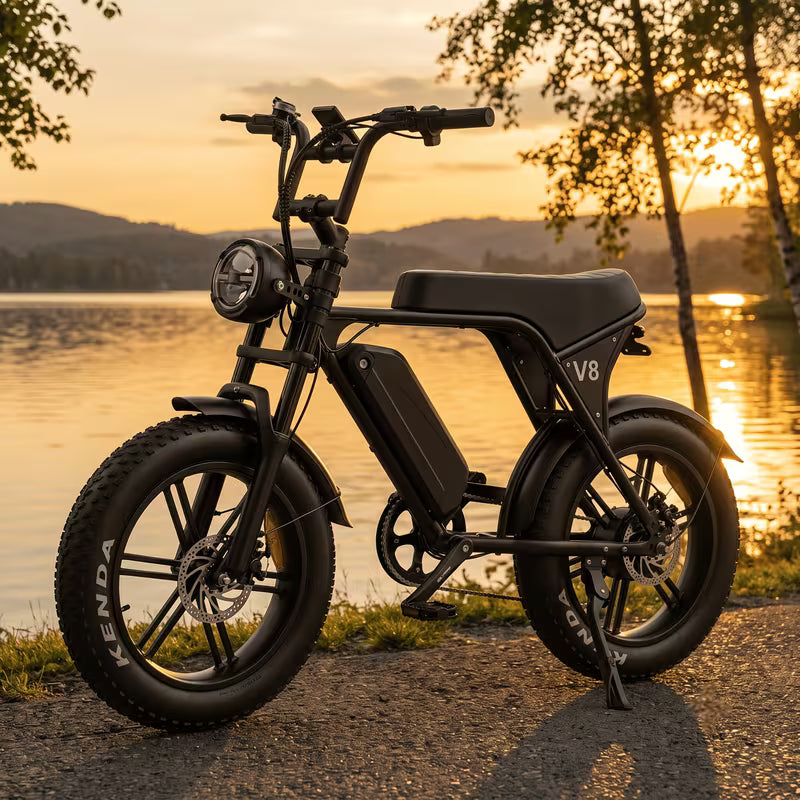 Adult V8 electric bicycle, 25 km range, hydraulic disc brakes, 20 inch tires, mountain bike, electric bicycle, front rack, removable battery, fully terrain-adaptive—suitable for off-road, urban, and mountain riding.