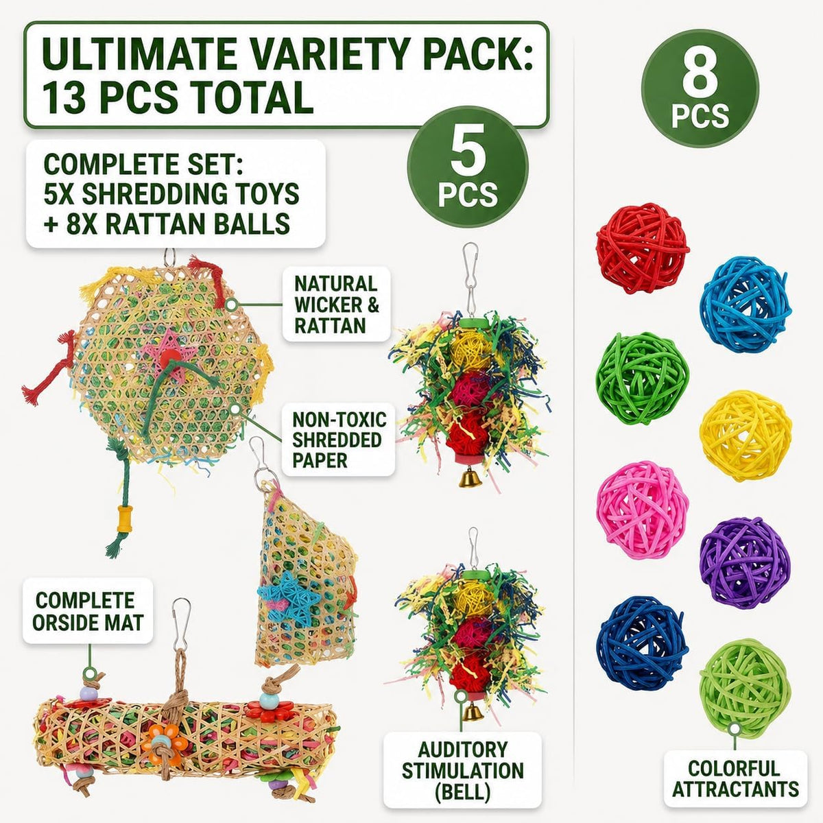 13Pcs Bird Toys Parrot Chewing Shredding Foraging Cage Accessories