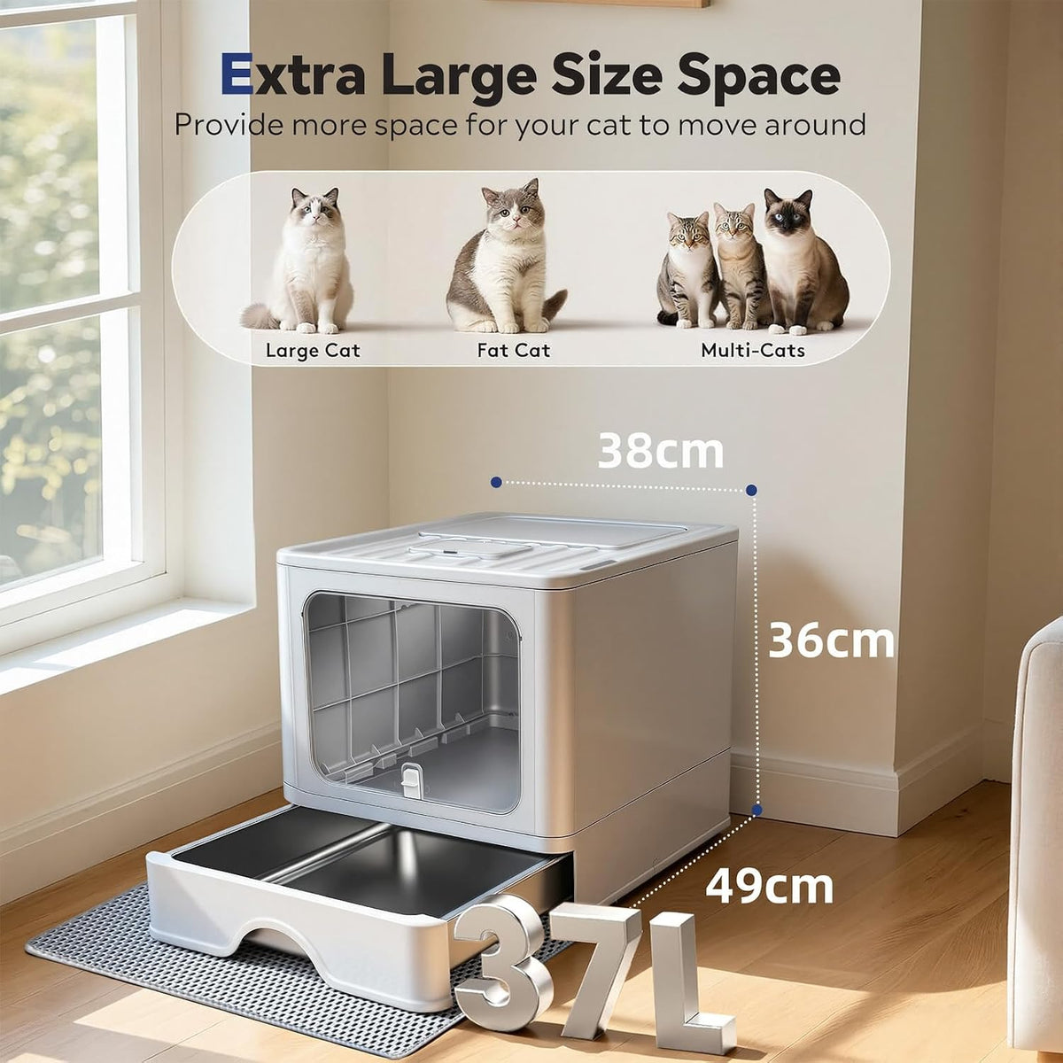 Stainless Steel Enclosed Litter Box, Covered Metal Litter Box with Dual Entry, Anti-Leakage Hooded Litter Pan, Odorless, Easy Clean Flip-Top with Litter Scoop & Litter Mat