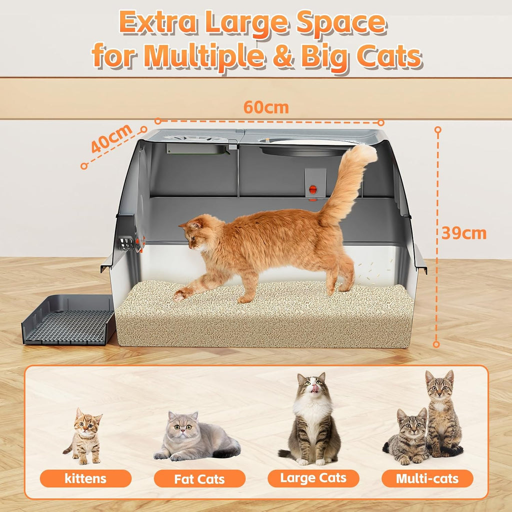 Extra Large Stainless Steel Cat Litter Box Cat Litter Tray with Quick Clean Flip-Top Kitty Litter Box with Lid 60L x 40W x 39H CM Enclosed Cat Litter Boxes with Litter Scoop Footboard and Mat (Grey)