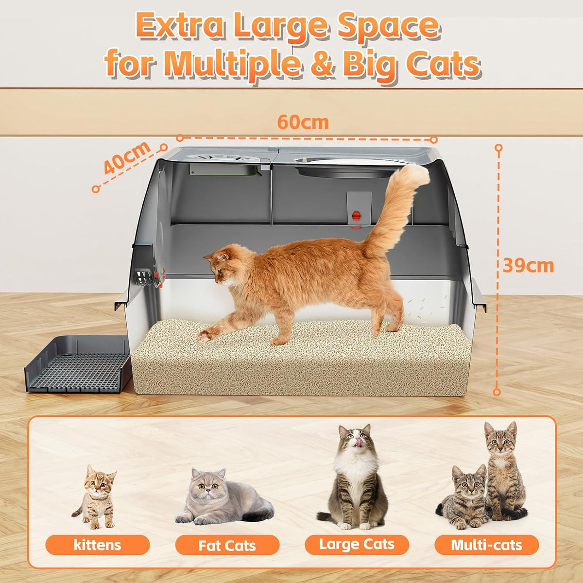 Extra Large Stainless Steel Cat Litter Box Cat Litter Tray with Quick Clean Flip-Top Kitty Litter Box with Lid 60L x 40W x 39H CM Enclosed Cat Litter Boxes with Litter Scoop Footboard and Mat (Grey)