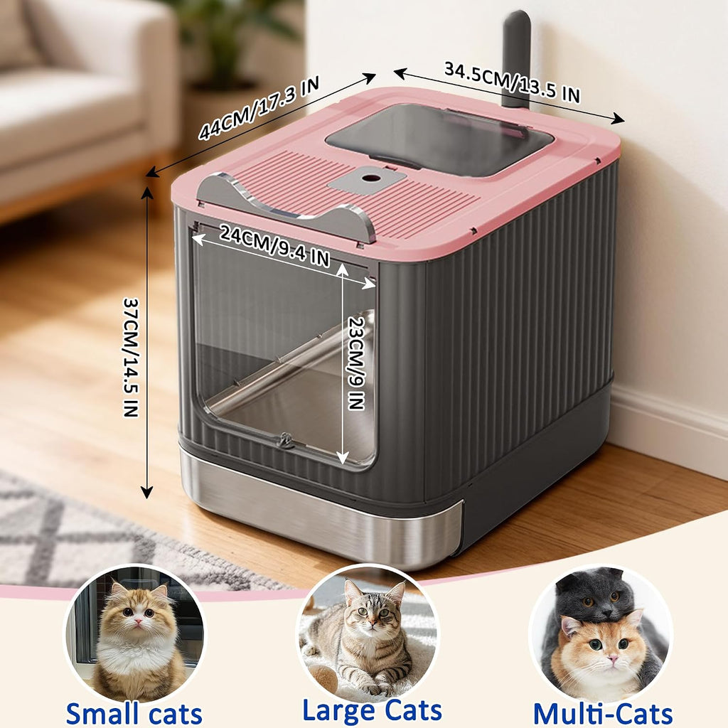 Stainless Steel Enclosed Litter Box with Lid, Covered Metal Litter Boxes, Foldable Hooded Cat Litter Box with Drawer, Odorless, Easy to Clean, Including Cat Litter Scoop and Litter Mat, Pink