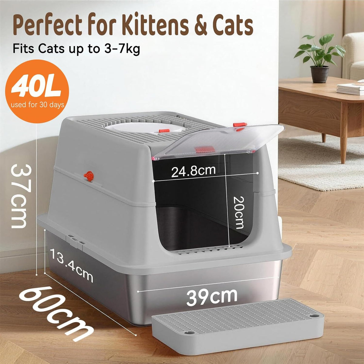 Stainless Steel Cat Litter Box with Lid, XL Flip-Top Anti-Leak, Light Grey