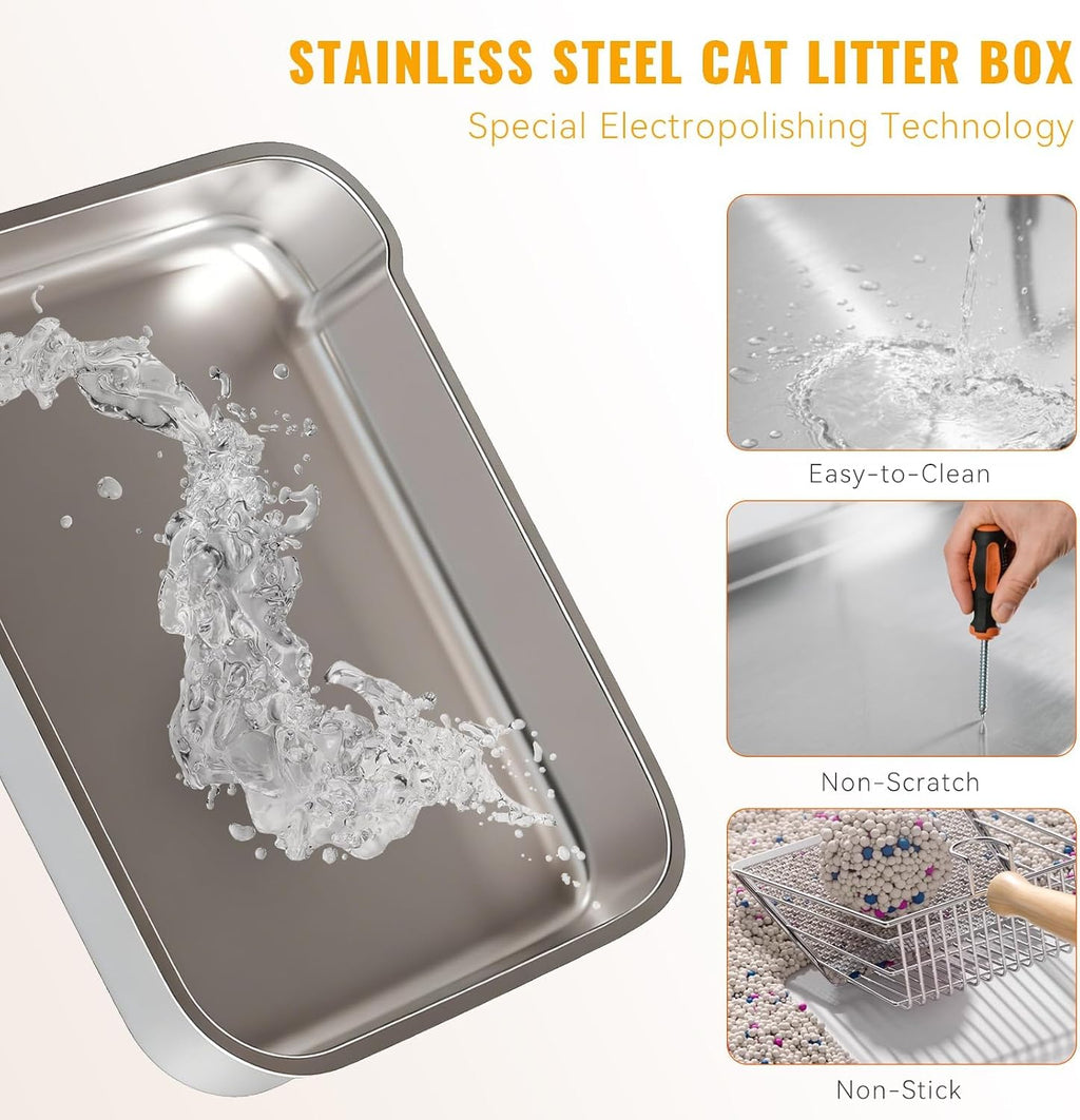 Cat Litter Box - Extra Large Kitty Little Tray with Lid, Upgraded Stainless Steel Fully Enclosure Cats Litter Boxes Pan with Complementory Scoop & Drawer Design - Ideal for Larger or Multiple Cat