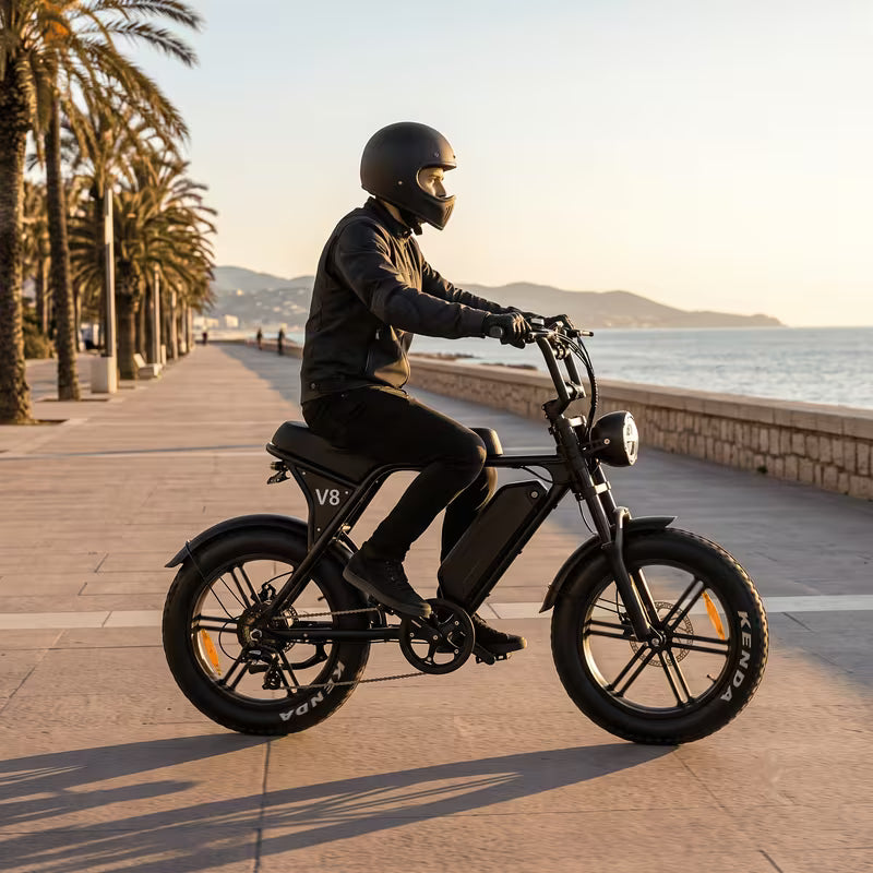 Adult V8 electric bicycle, 25 km range, hydraulic disc brakes, 20 inch tires, mountain bike, electric bicycle, front rack, removable battery, fully terrain-adaptive—suitable for off-road, urban, and mountain riding.