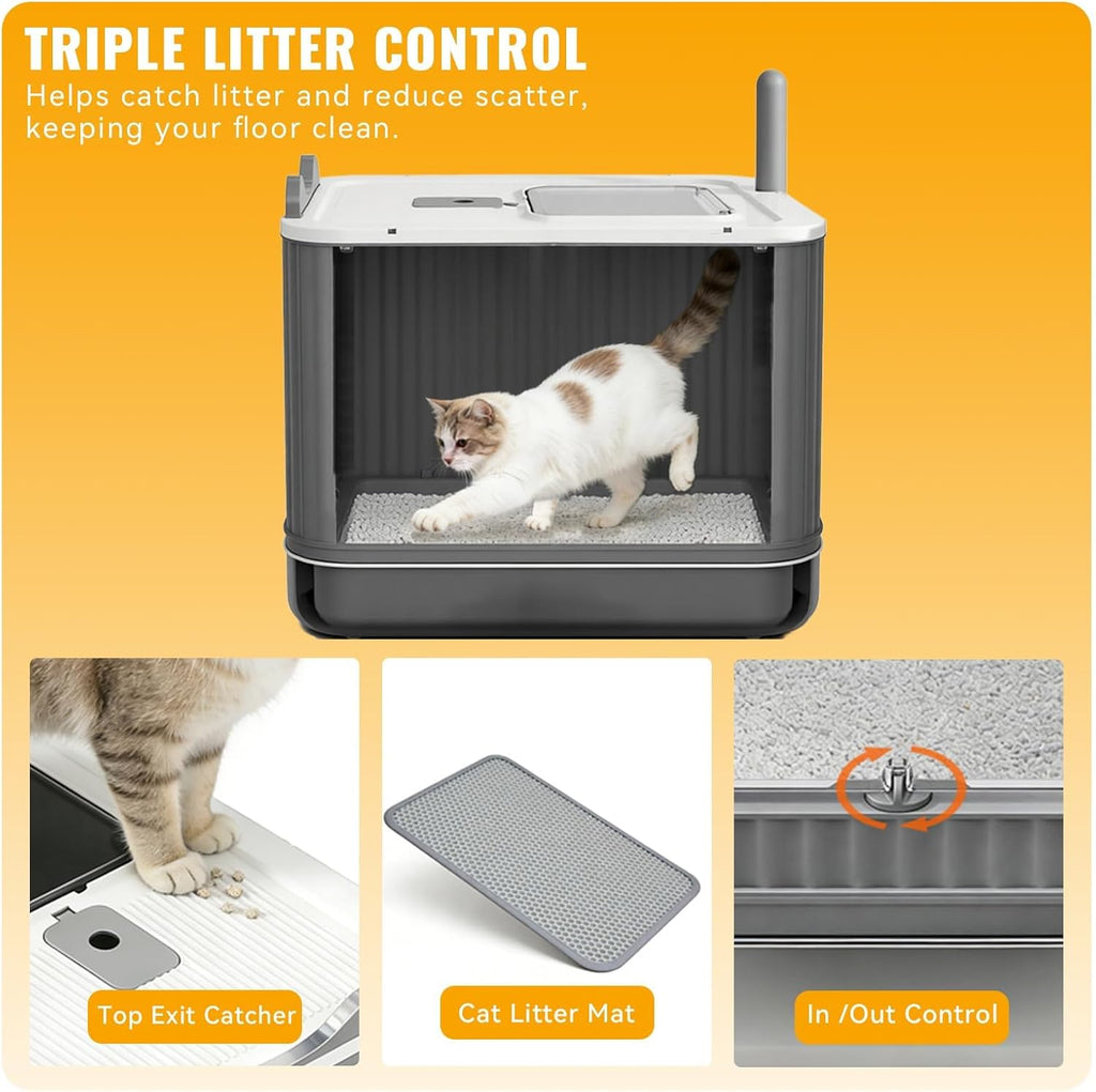Cat Litter Box - Extra Large Kitty Little Tray with Lid, Upgraded Stainless Steel Fully Enclosure Cats Litter Boxes Pan with Complementory Scoop & Drawer Design - Ideal for Larger or Multiple Cat