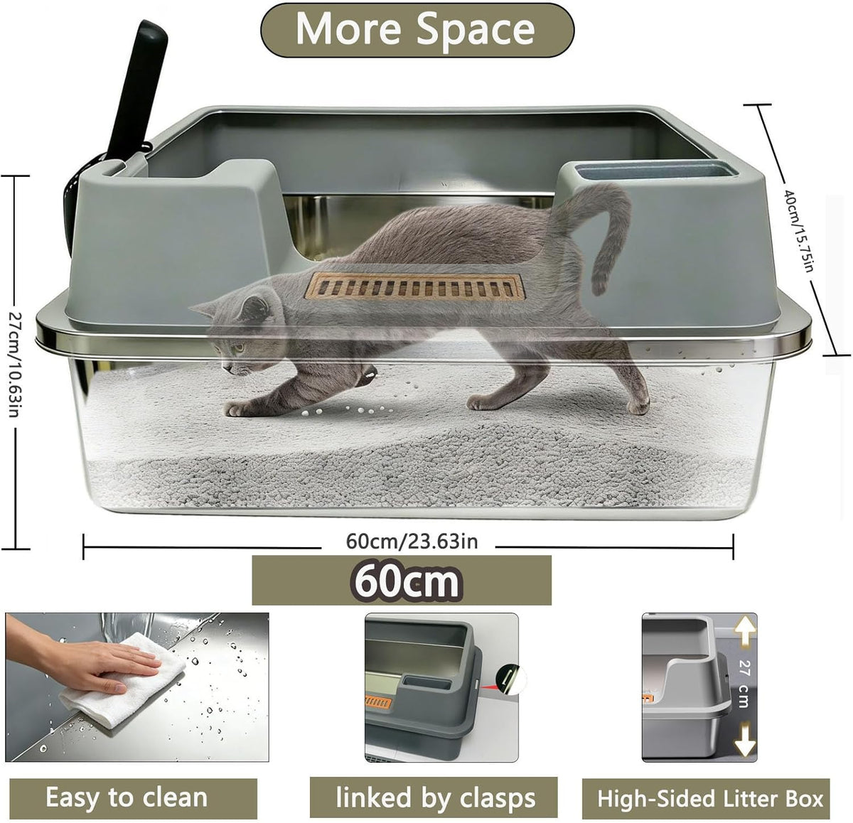2 Pack Stainless Steel Cat Litter Box with High Sides, Extra Large Open Top Metal Litter Box for Big Cats, Odorless Non-Stick with Scoop and Litter Mat