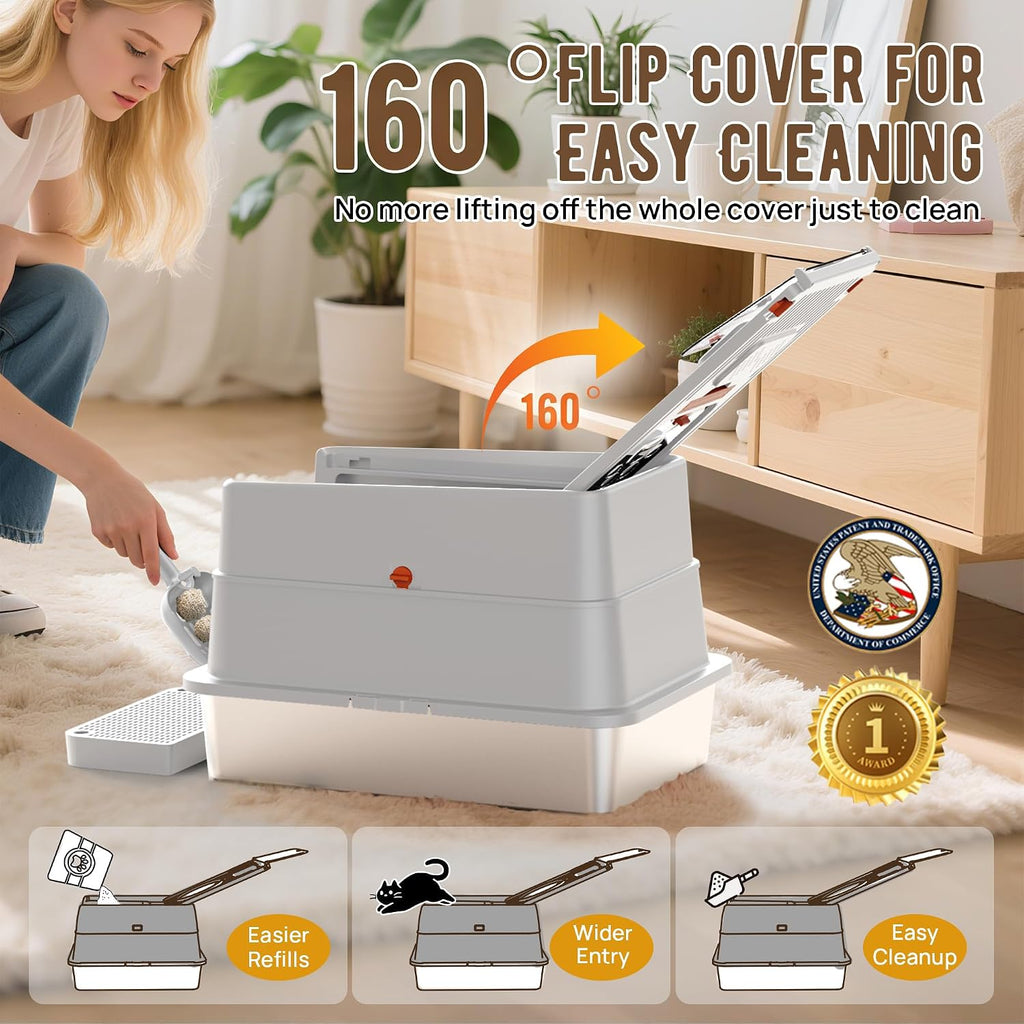 Stainless Steel Cat Litter Box with Lid, XL Flip-Top Anti-Leak, Light Grey