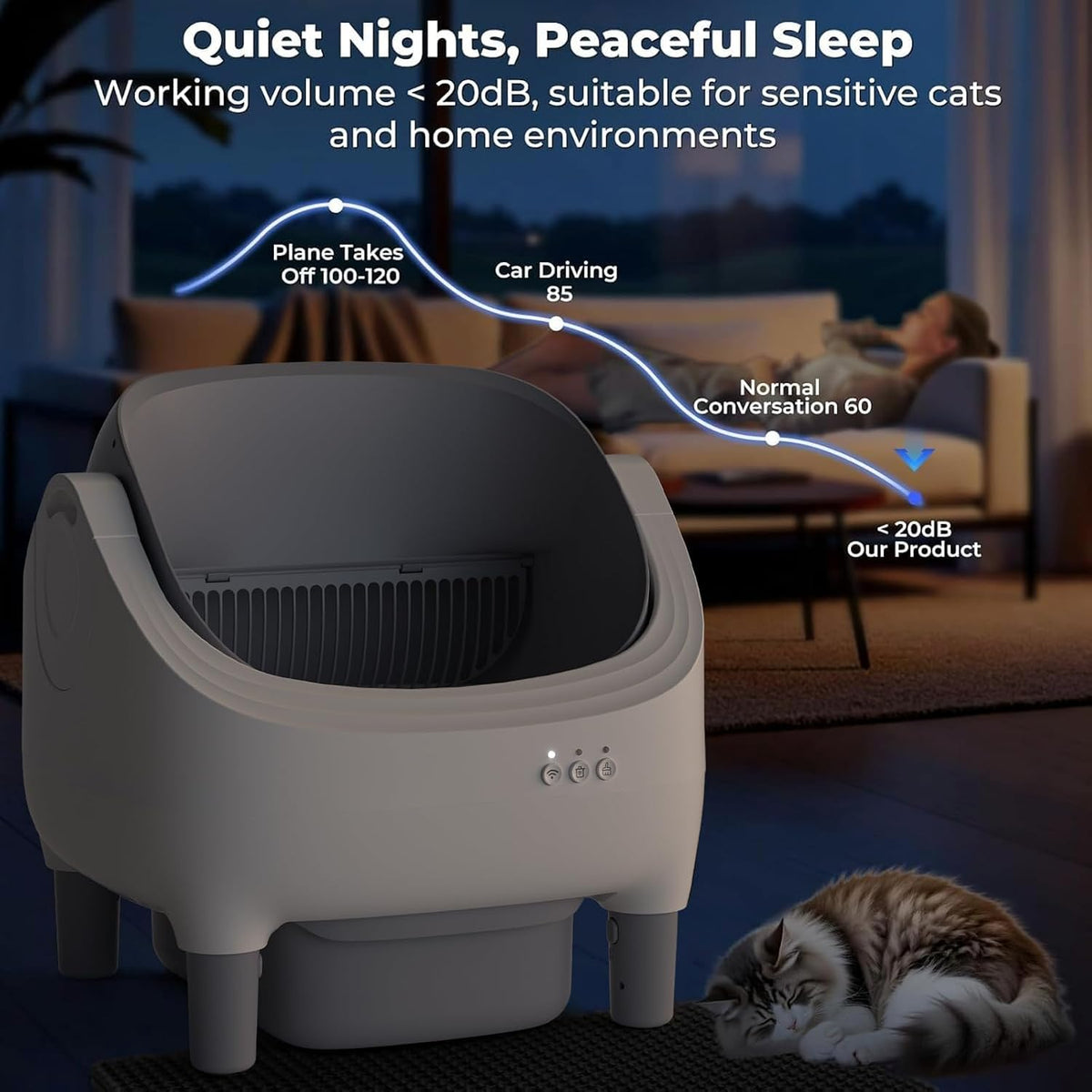 Open Top Design Automatic Cat Litter Box,Self Cleaning Litter Box for Multiple Cats & Senior Cats,App Control with Safty Sensors,Low Odor, Incledes Trash Bags,Grey