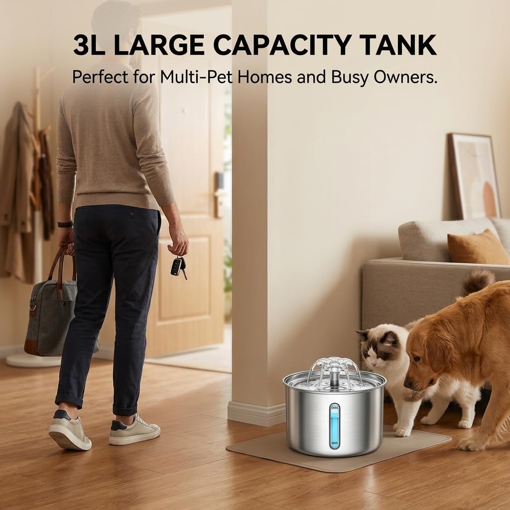 3L Cat Water Fountain, Stainless Steel Automatic Pet Water Fountain