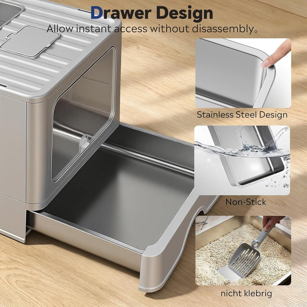 Stainless Steel Enclosed Litter Box, Covered Metal Litter Box with Dual Entry, Anti-Leakage Hooded Litter Pan, Odorless, Easy Clean Flip-Top with Litter Scoop & Litter Mat