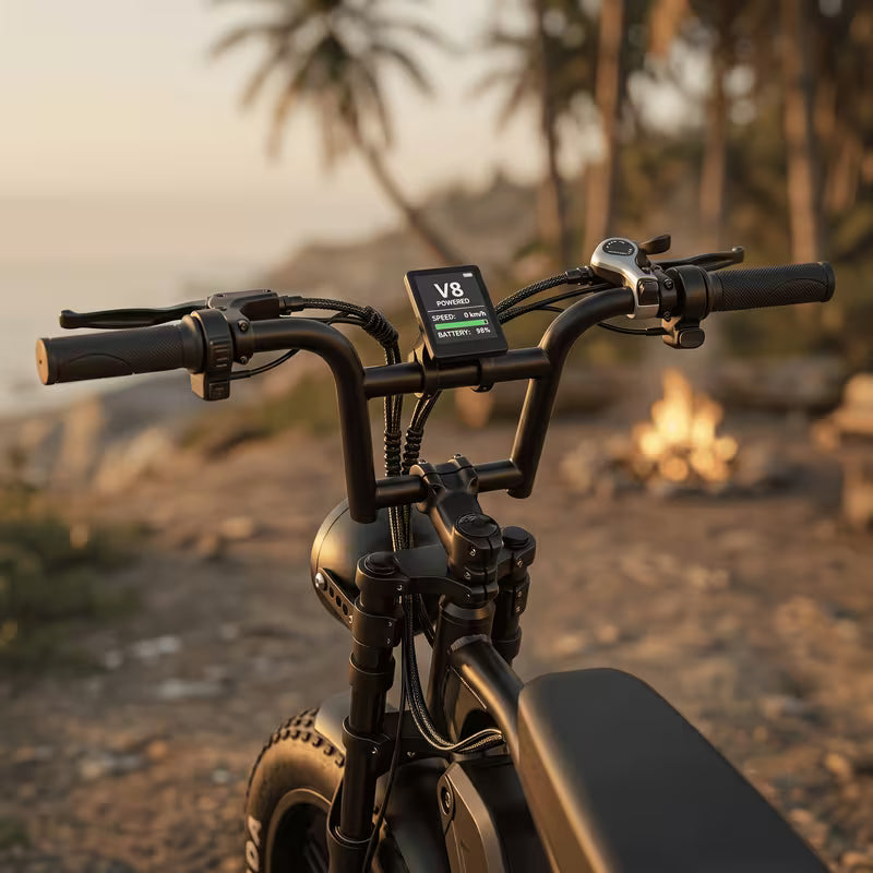 Adult V8 electric bicycle, 25 km range, hydraulic disc brakes, 20 inch tires, mountain bike, electric bicycle, front rack, removable battery, fully terrain-adaptive—suitable for off-road, urban, and mountain riding.