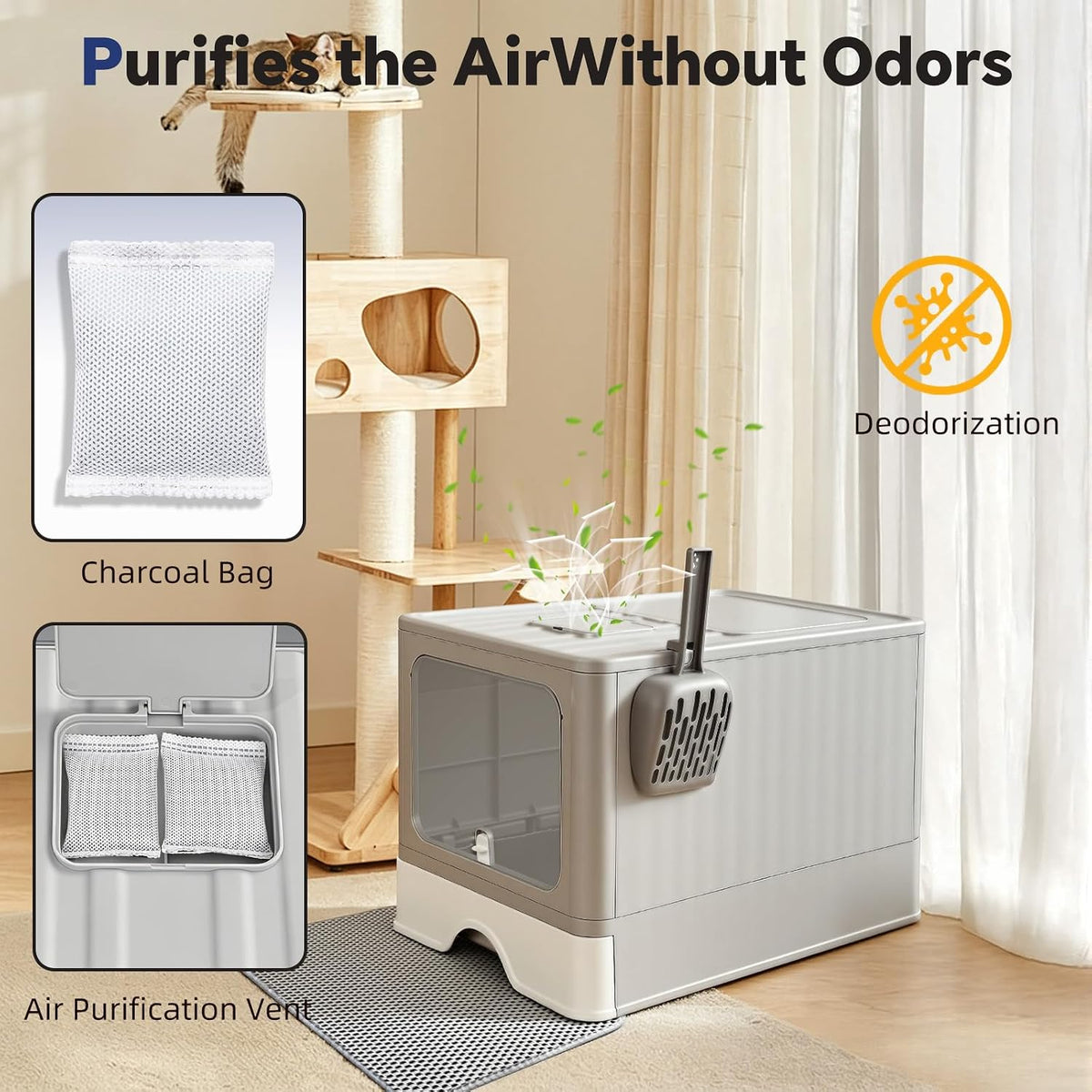 Stainless Steel Enclosed Litter Box, Covered Metal Litter Box with Dual Entry, Anti-Leakage Hooded Litter Pan, Odorless, Easy Clean Flip-Top with Litter Scoop & Litter Mat