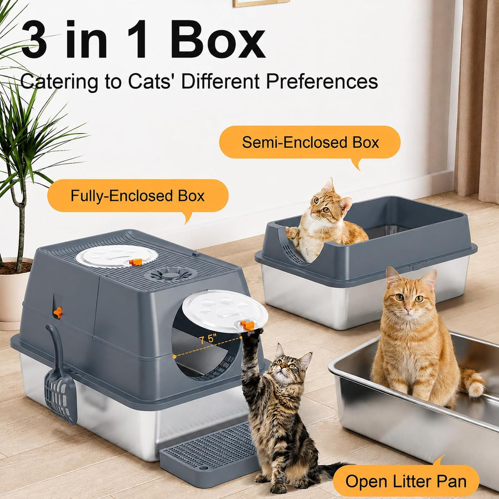 Extra Large Stainless Steel Cat Litter Box Cat Litter Tray with Quick Clean Flip-Top Kitty Litter Box with Lid 60L x 40W x 39H CM Enclosed Cat Litter Boxes with Litter Scoop Footboard and Mat (Grey)