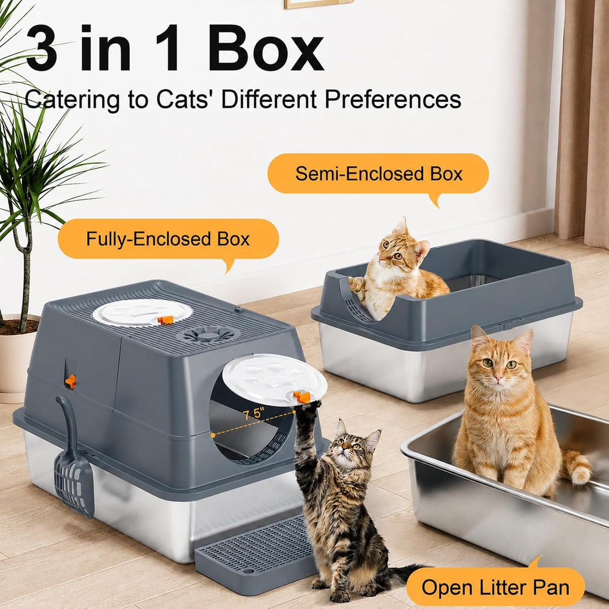 Extra Large Stainless Steel Cat Litter Box Cat Litter Tray with Quick Clean Flip-Top Kitty Litter Box with Lid 60L x 40W x 39H CM Enclosed Cat Litter Boxes with Litter Scoop Footboard and Mat (Grey)