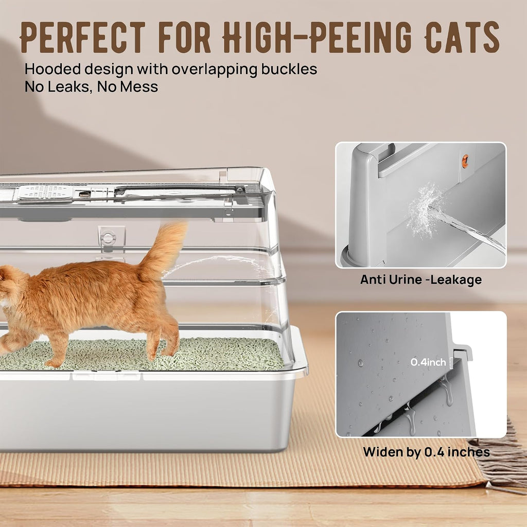 Stainless Steel Cat Litter Box with Lid, XL Flip-Top Anti-Leak, Light Grey
