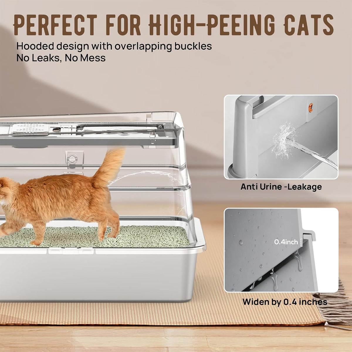 Stainless Steel Cat Litter Box with Lid, XL Flip-Top Anti-Leak, Light Grey