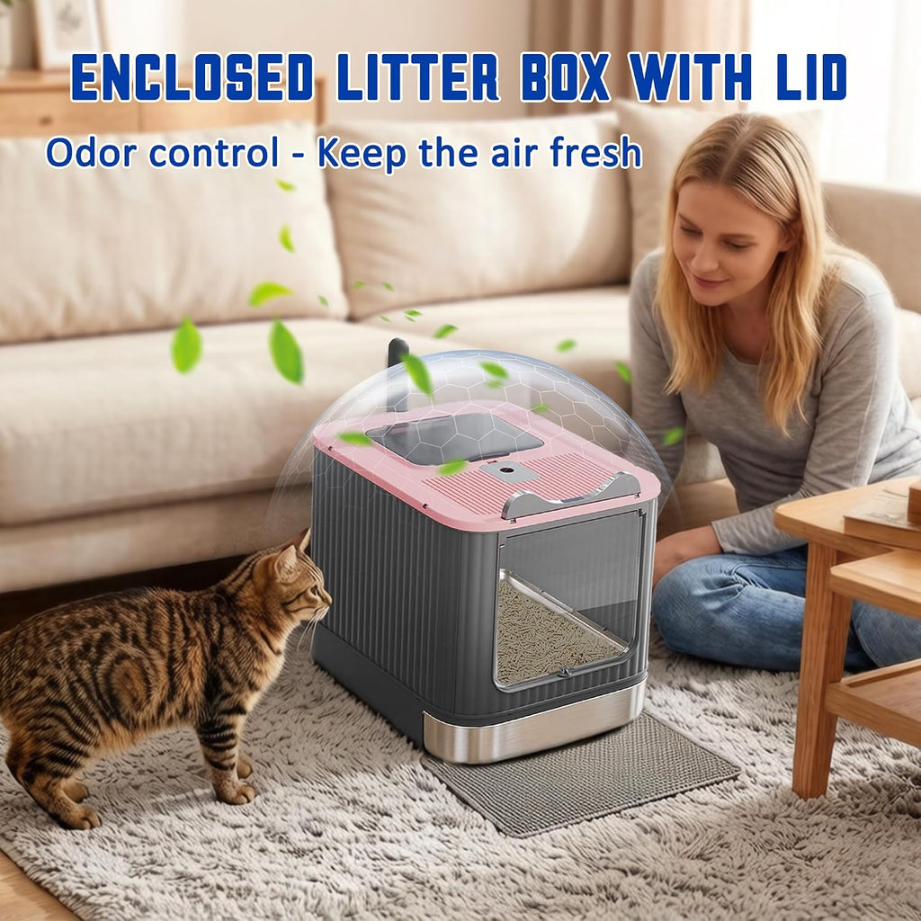Stainless Steel Enclosed Litter Box with Lid, Covered Metal Litter Boxes, Foldable Hooded Cat Litter Box with Drawer, Odorless, Easy to Clean, Including Cat Litter Scoop and Litter Mat, Pink