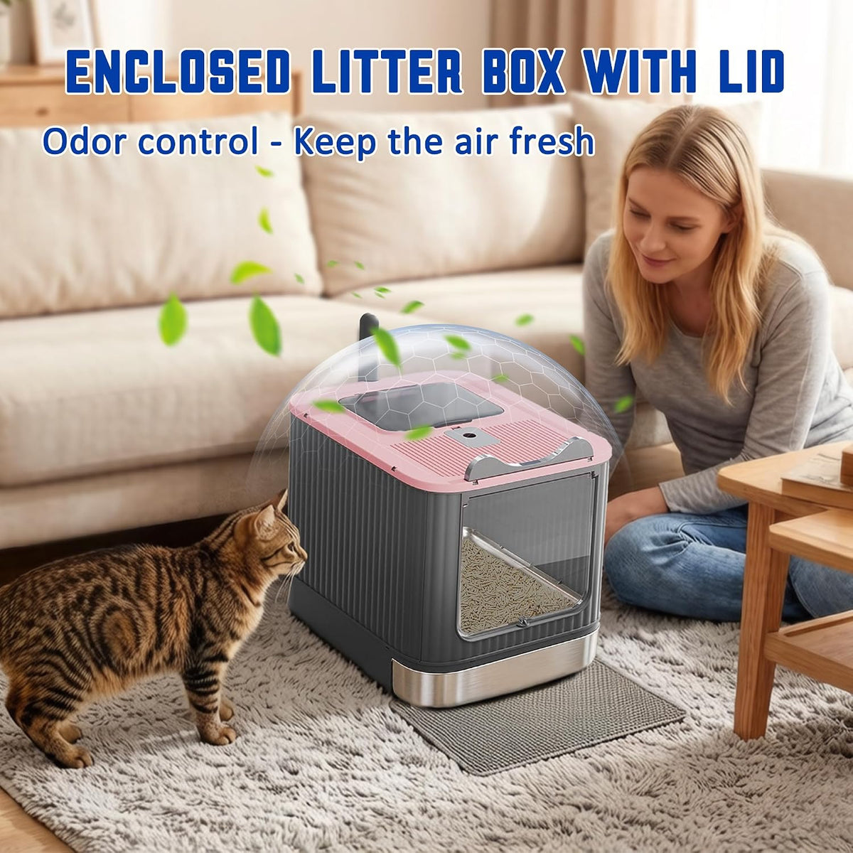 Stainless Steel Enclosed Litter Box with Lid, Covered Metal Litter Boxes, Foldable Hooded Cat Litter Box with Drawer, Odorless, Easy to Clean, Including Cat Litter Scoop and Litter Mat, Pink