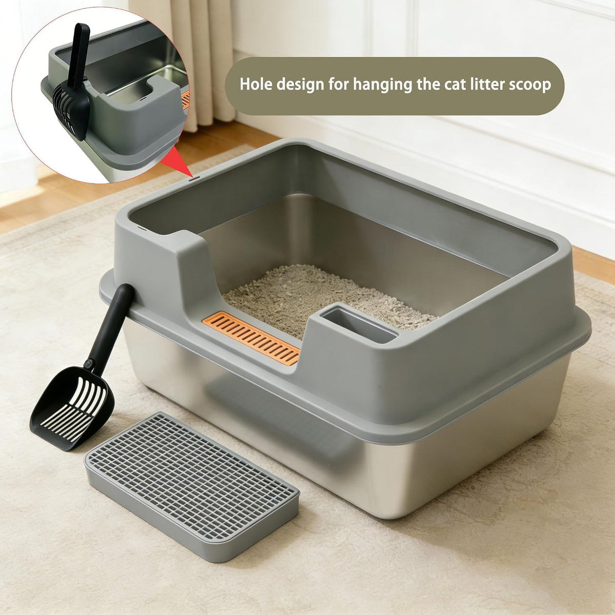 2 Pack Stainless Steel Cat Litter Box with High Sides, Extra Large Open Top Metal Litter Box for Big Cats, Odorless Non-Stick with Scoop and Litter Mat