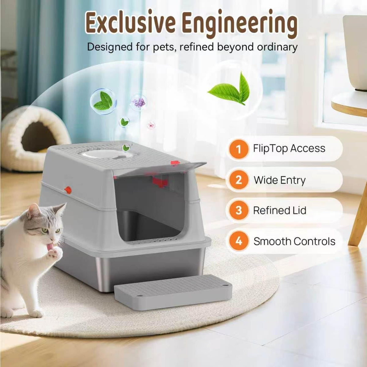 Stainless Steel Cat Litter Box with Lid, XL Flip-Top Anti-Leak, Light Grey