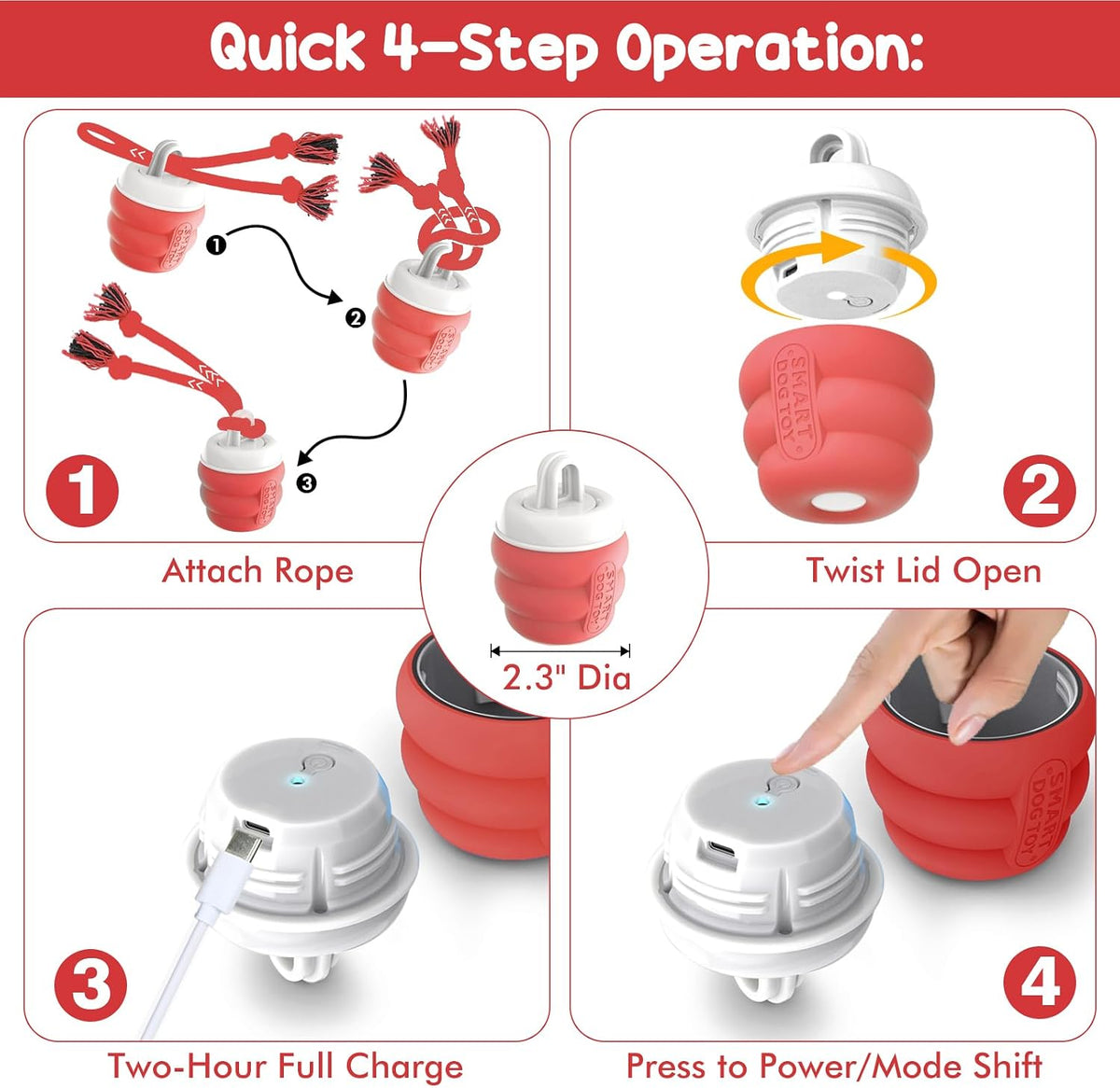 Smart Interactive Dog Ball Toy, Red Rolling Toy for Boredom