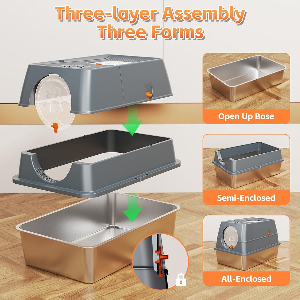 Extra Large Stainless Steel Cat Litter Box Cat Litter Tray with Quick Clean Flip-Top Kitty Litter Box with Lid 60L x 40W x 39H CM Enclosed Cat Litter Boxes with Litter Scoop Footboard and Mat (Grey)
