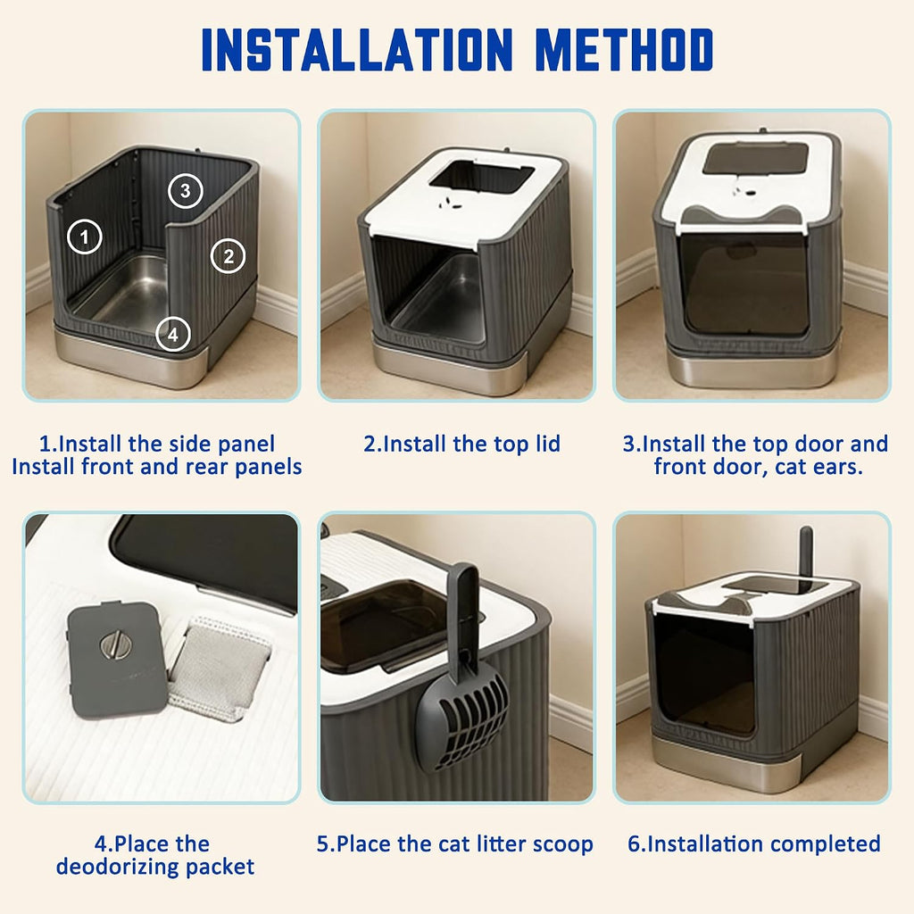 Stainless Steel Enclosed Litter Box with Lid, Covered Metal Litter Boxes, Foldable Hooded Cat Litter Box with Drawer, Odorless, Easy to Clean, Including Cat Litter Scoop and Litter Mat, Pink