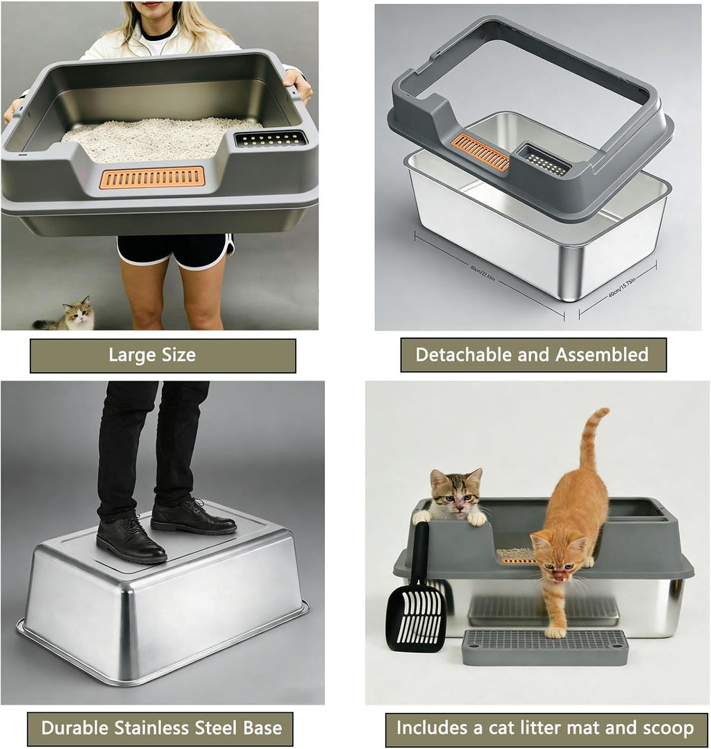 2 Pack Stainless Steel Cat Litter Box with High Sides, Extra Large Open Top Metal Litter Box for Big Cats, Odorless Non-Stick with Scoop and Litter Mat