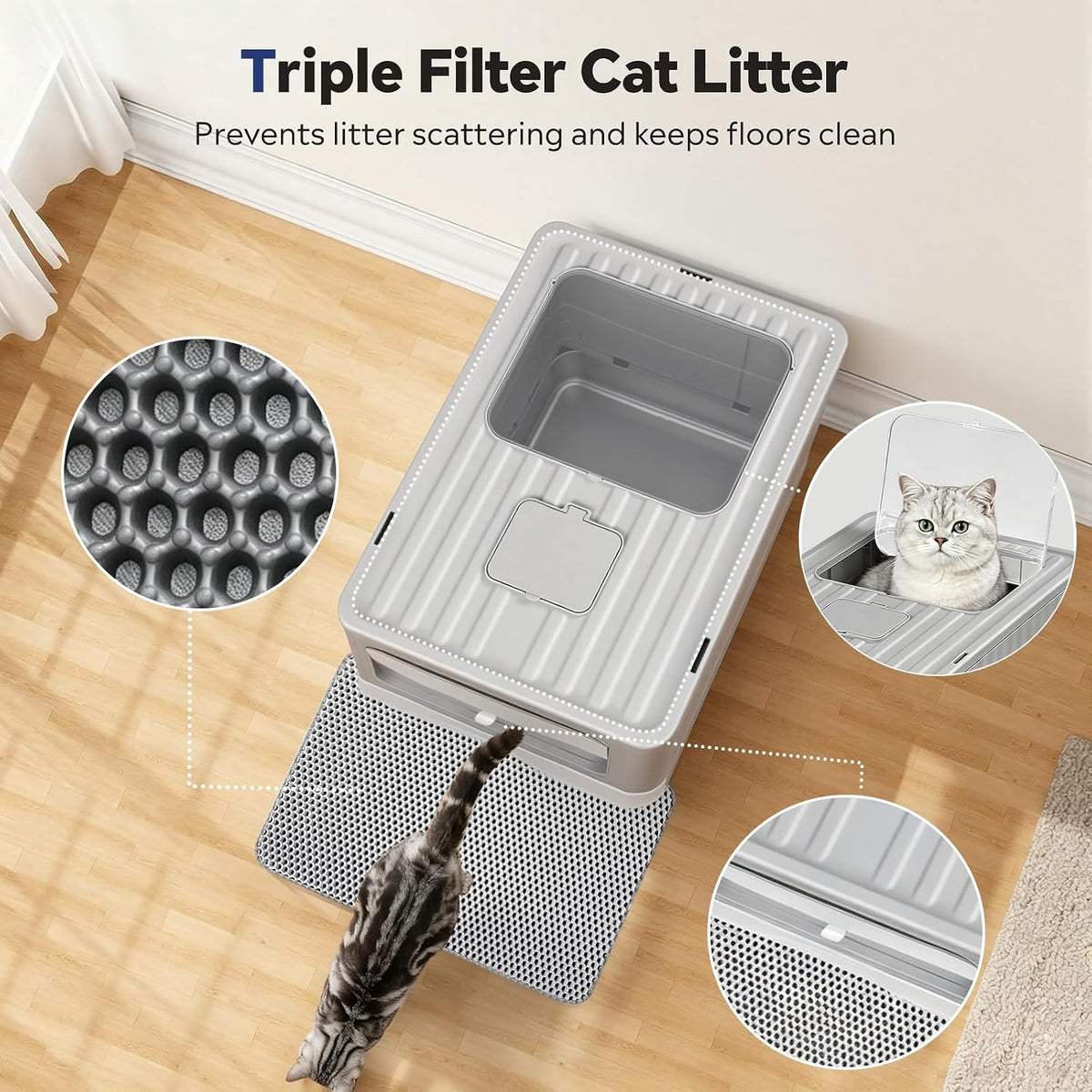 Stainless Steel Enclosed Litter Box, Covered Metal Litter Box with Dual Entry, Anti-Leakage Hooded Litter Pan, Odorless, Easy Clean Flip-Top with Litter Scoop & Litter Mat