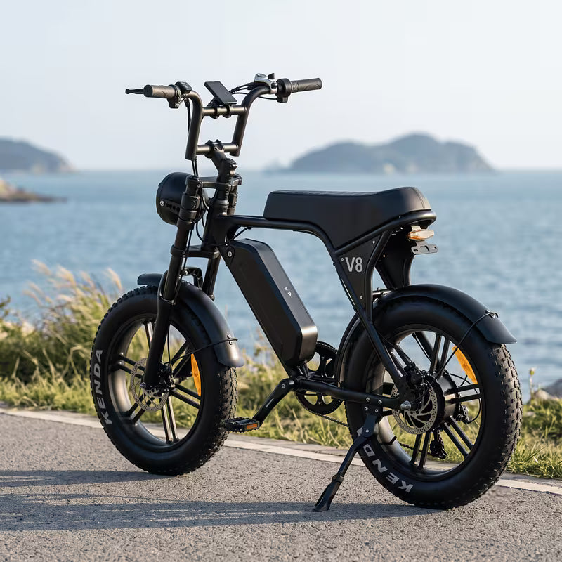 Adult V8 electric bicycle, 25 km range, hydraulic disc brakes, 20 inch tires, mountain bike, electric bicycle, front rack, removable battery, fully terrain-adaptive—suitable for off-road, urban, and mountain riding.