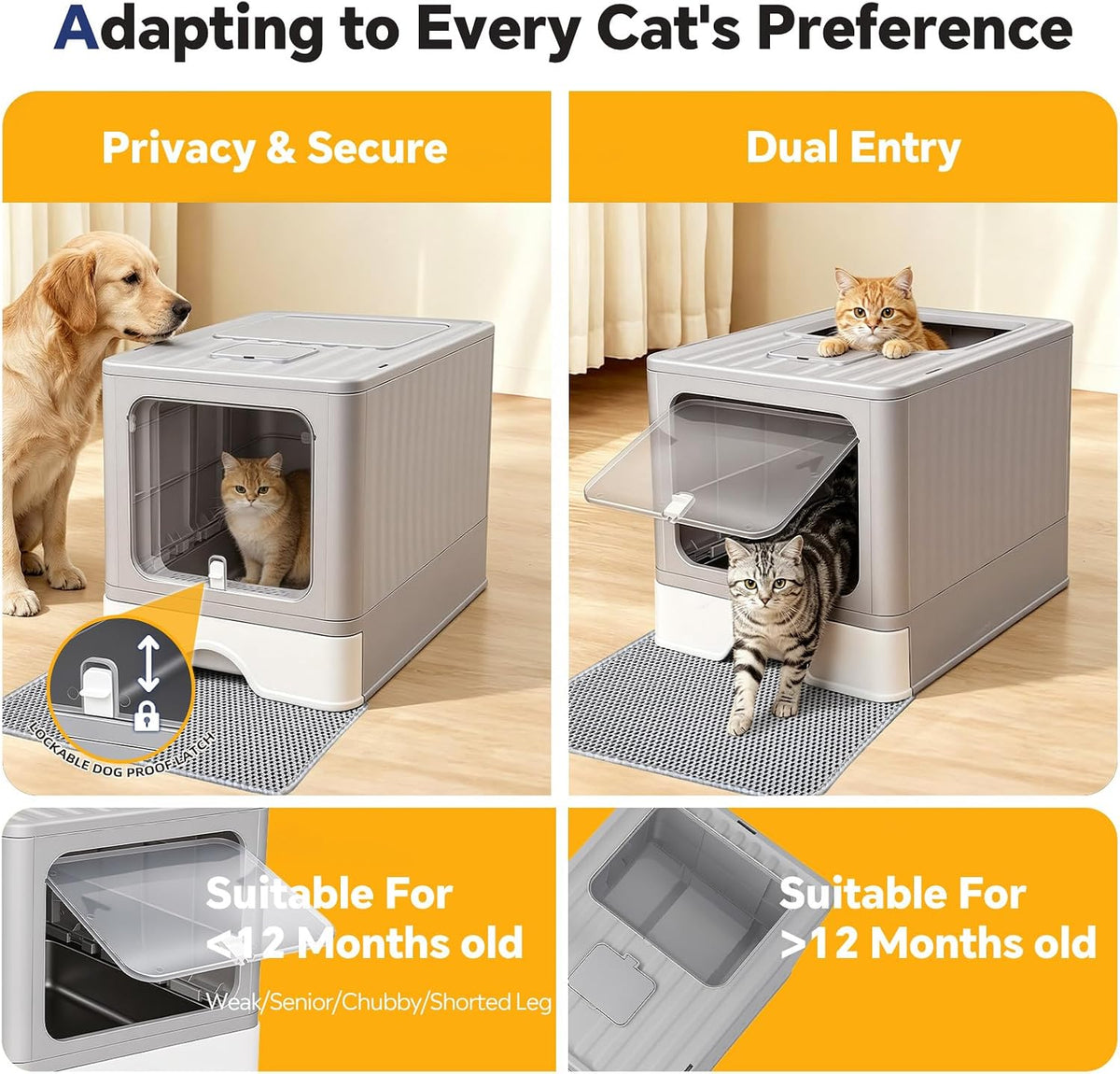 Stainless Steel Enclosed Litter Box, Covered Metal Litter Box with Dual Entry, Anti-Leakage Hooded Litter Pan, Odorless, Easy Clean Flip-Top with Litter Scoop & Litter Mat