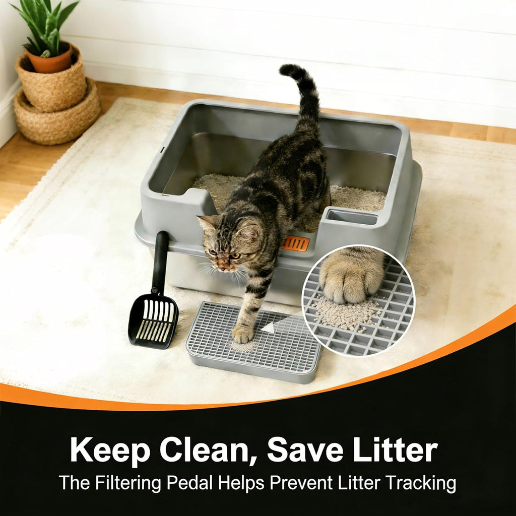 2 Pack Stainless Steel Cat Litter Box with High Sides, Extra Large Open Top Metal Litter Box for Big Cats, Odorless Non-Stick with Scoop and Litter Mat