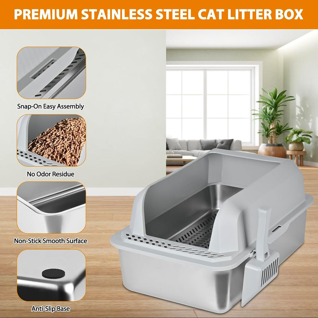 Homegroove Stainless Steel Sifting Litter Box for Pine Pellets, 23.6''Lx15.7''Wx12''H Cat Litter Box with Lid for Indoor Cats Metal Pellet Sifter Litter Pan with Plastic Scoop &10 Urine Pads (6 Inch)