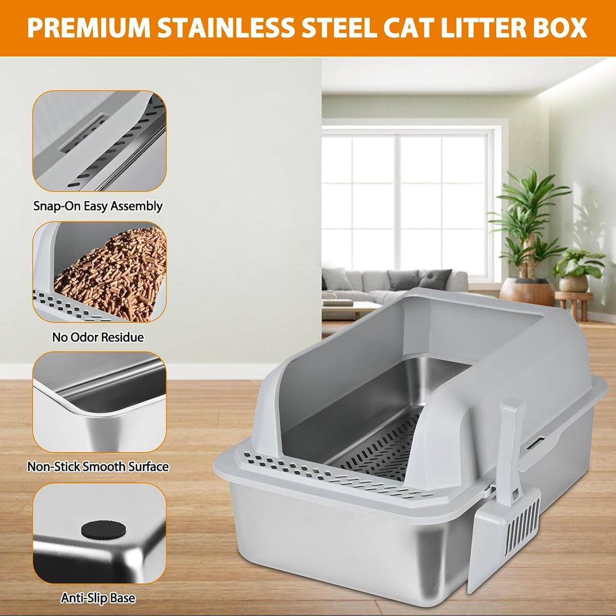 Homegroove Stainless Steel Sifting Litter Box for Pine Pellets, 23.6''Lx15.7''Wx12''H Cat Litter Box with Lid for Indoor Cats Metal Pellet Sifter Litter Pan with Plastic Scoop &10 Urine Pads (6 Inch)