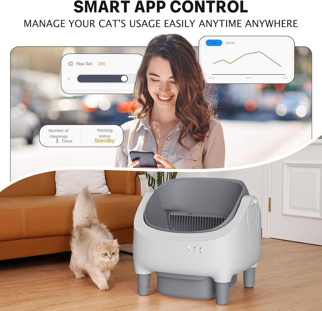Open Top Design Automatic Cat Litter Box,Self Cleaning Litter Box for Multiple Cats & Senior Cats,App Control with Safty Sensors,Low Odor, Incledes Trash Bags,Grey