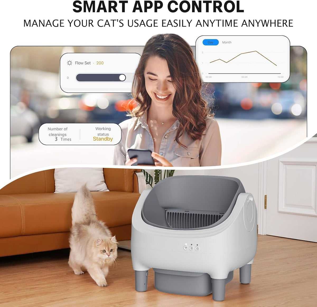 Open Top Design Automatic Cat Litter Box,Self Cleaning Litter Box for Multiple Cats & Senior Cats,App Control with Safty Sensors,Low Odor, Incledes Trash Bags,Grey